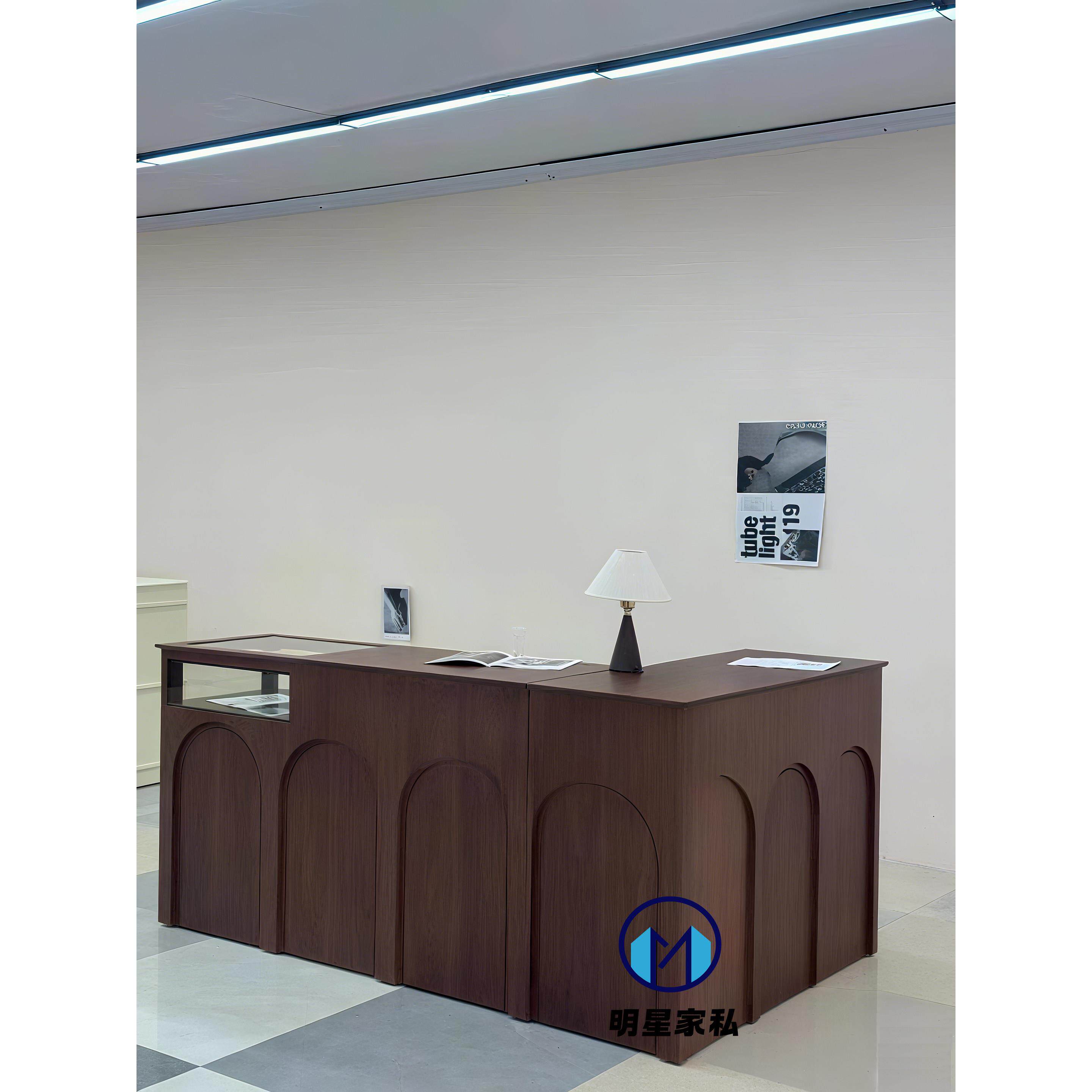 中古法式前台转角吧台收银台简约胡桃色接待台服装店烤漆柜台