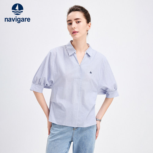 Navigare宽松薄款纯棉短袖衬衫