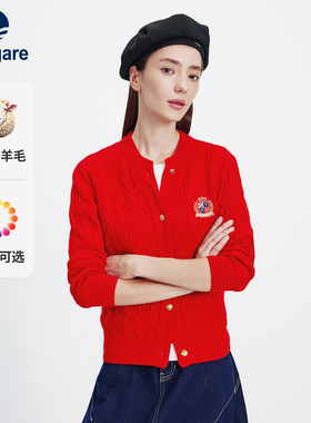 [纯羊毛]Navigare意大利小帆船2026春季款针织开衫女红色毛衣外套