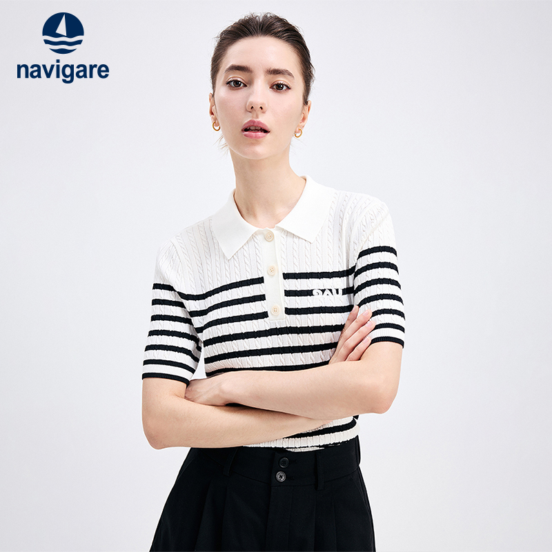 Navigare修身条纹短袖polo衫