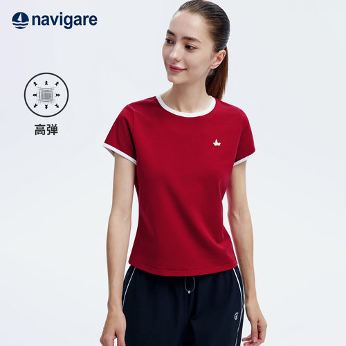 Navigare意大利小帆船2026夏季新款休闲女士高弹红色圆领短袖T恤