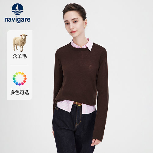 Navigare小帆船2026秋季简约百搭上衣女士棕色圆领套头柔软针织衫