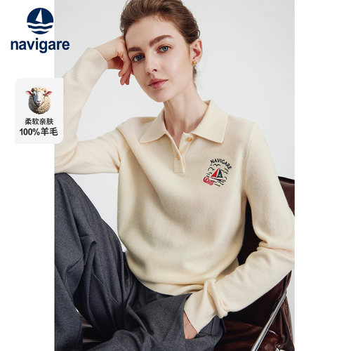 [纯羊毛]Navigare意大利小帆船针织打底衫女士秋季新款翻领毛衣