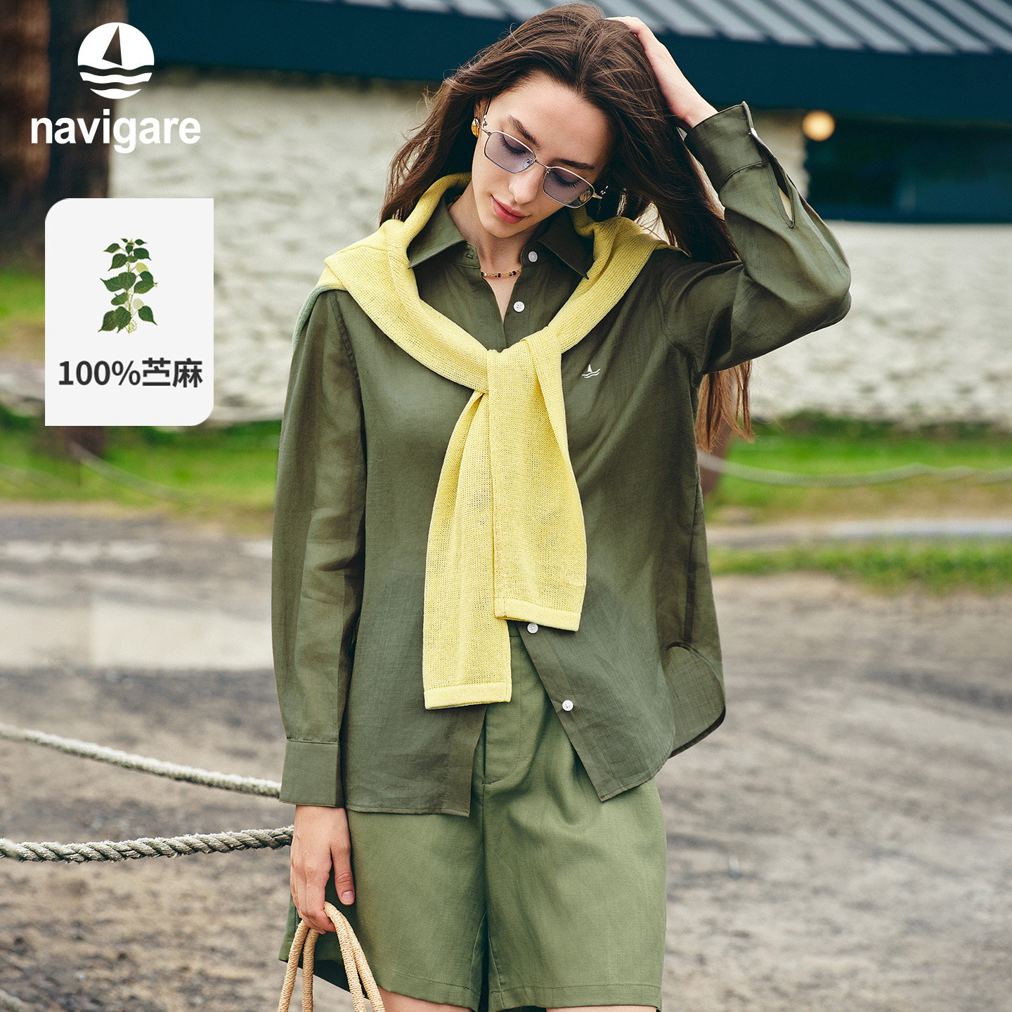 Navigare意大利小帆船26春季新款老钱风上衣苎麻宽松女士长袖衬衫