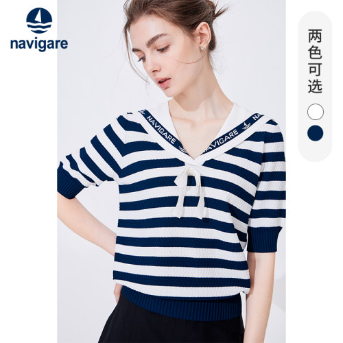 Navigare海军领时尚五分袖针织衫