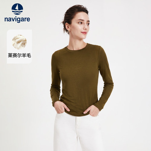 Navigare小帆船2026秋季新款时尚薄款长袖T恤修身圆领针织打底衫