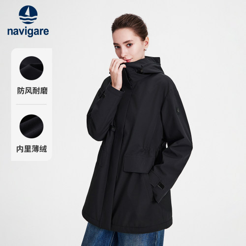 Navigare小帆船2026秋季新款户外休闲黑色女宽松耐磨工装风衣外套