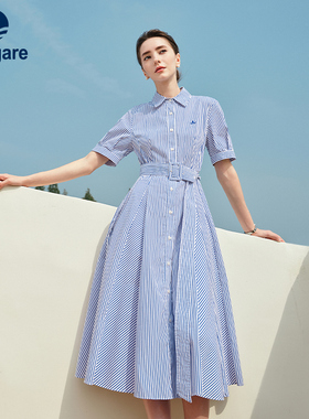 Navigare意大利小帆船条纹短袖衬衫裙女26夏季新款收腰女士连衣裙