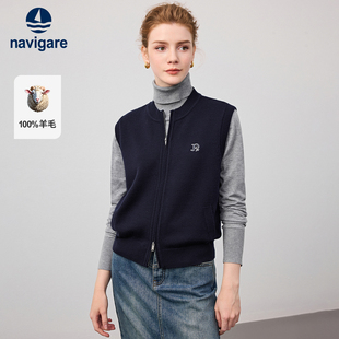 Navigare意大利小帆船纯羊毛马甲女秋冬无袖开衫通勤百搭毛衣背心