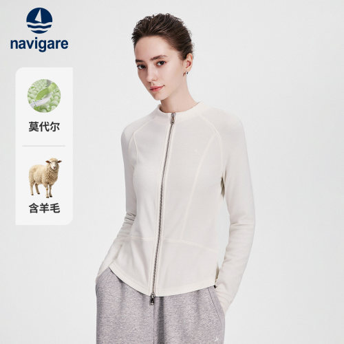 Navigare小帆船2026秋季休闲运动白色修身长袖T恤高弹透气外套女