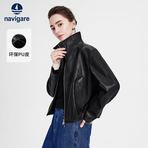 Navigare小帆船2026秋季黑色休闲翻领宽松短外套女士通勤皮衣夹克