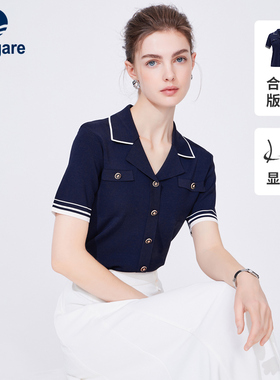 Navigare意大利小帆船显瘦T恤女26夏季新款多口袋翻领短袖针织衫