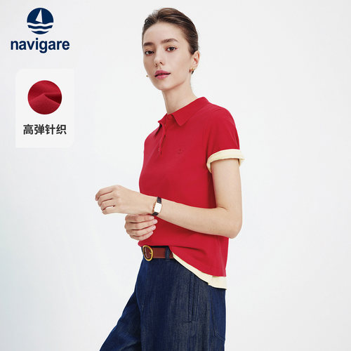 Navigare小帆船2026春夏季新款透气休闲POLO衫红色针织短袖T恤女