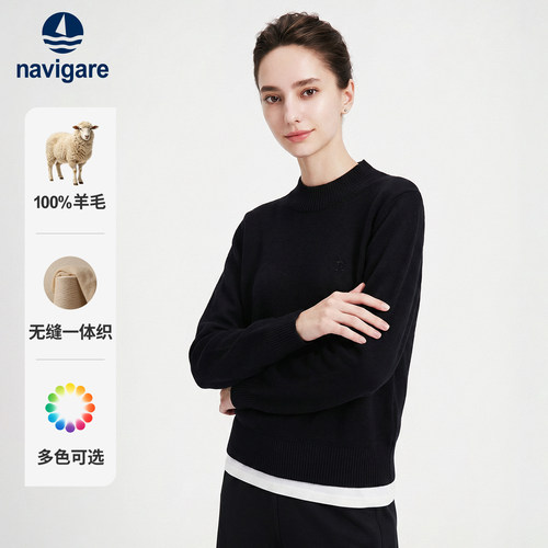 [纯羊毛]Navigare小帆船2026秋季新款休闲针织衫黑色女半高领毛衣