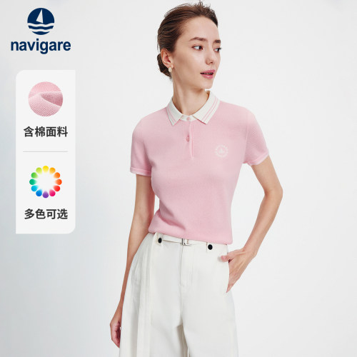 Navigare意大利小帆船26夏季休闲撞色针织POLO衫女士短袖翻领T恤