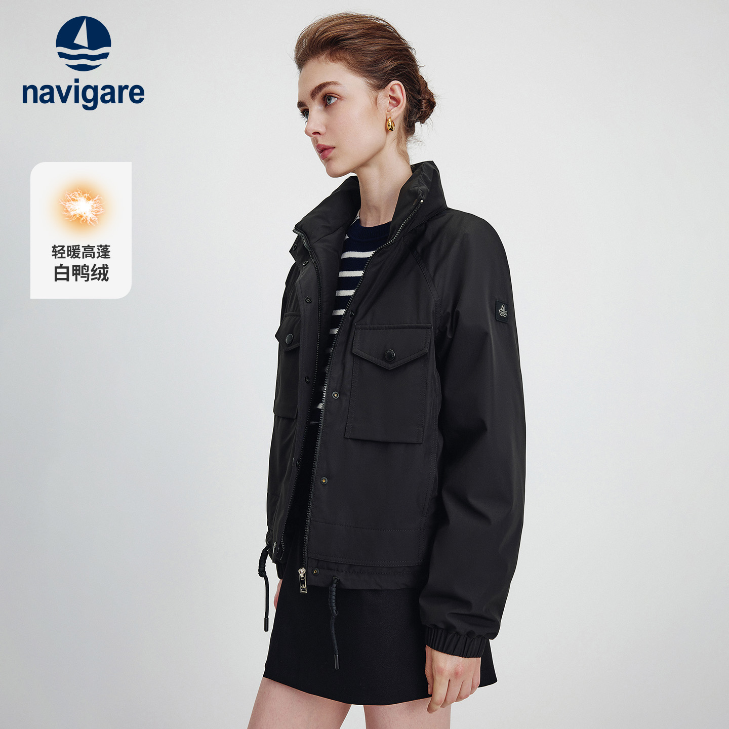 Navigare意大利小帆船2025冬季新款工装短款羽绒服女保暖黑色外套