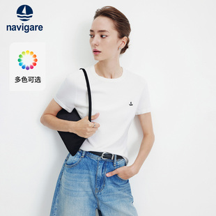 Navigare意大利小帆船2026夏季 T恤上衣 休闲女士白色圆领针织短袖