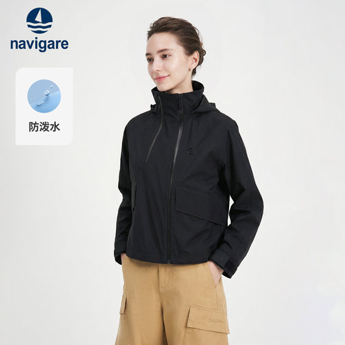 [防水]Navigare小帆船2026秋季新款运动风连帽黑色宽松短款外套女