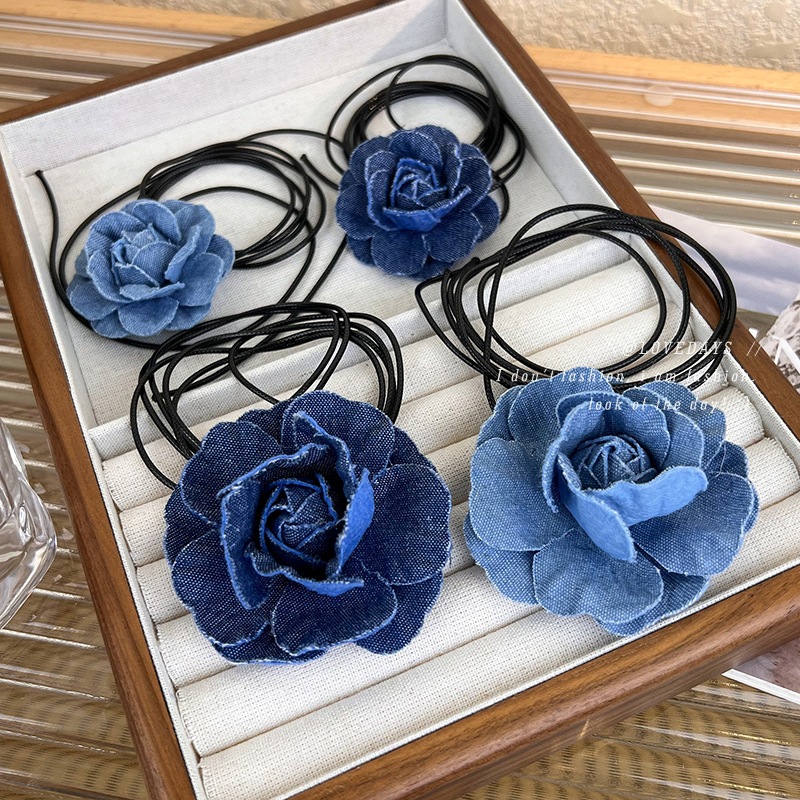 蓝色牛仔山茶花颈链choker芭蕾风甜酷夏季甜酷绑带颈带锁骨链