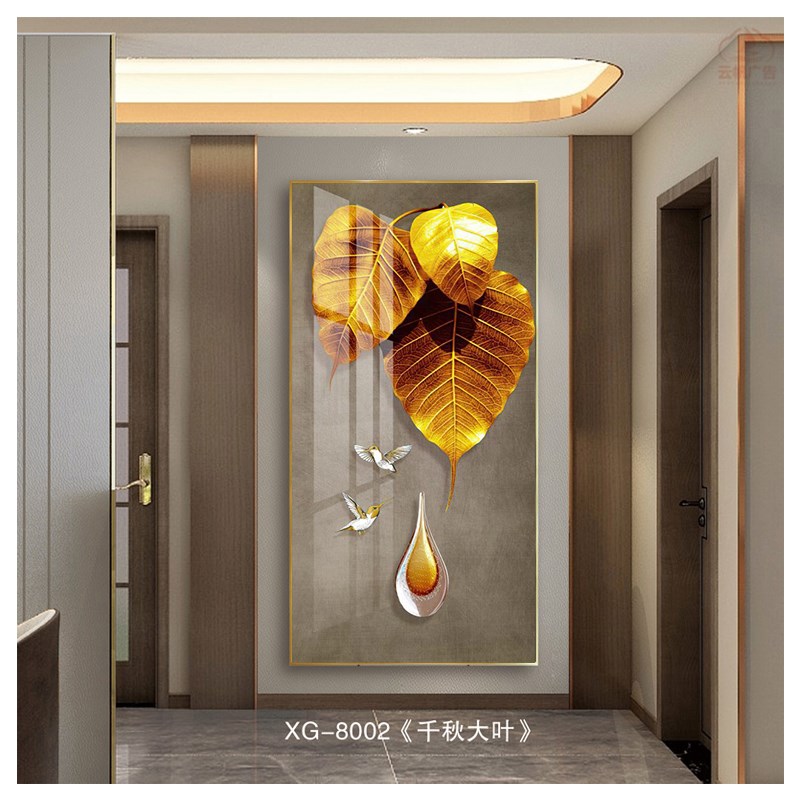 入户玄关寓意好挂画晶瓷画轻奢正对门叶脉装饰画竖版树叶过道壁画图片