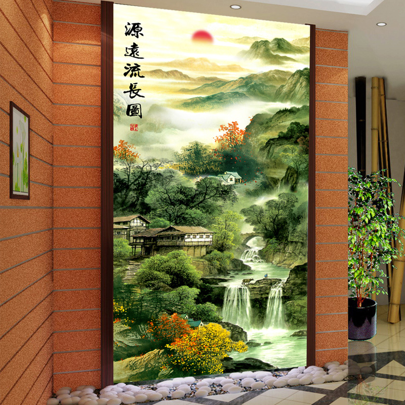 自粘玻璃门墙贴画玄关过道装饰画山水画风水壁画玻璃贴纸墙画定制图片