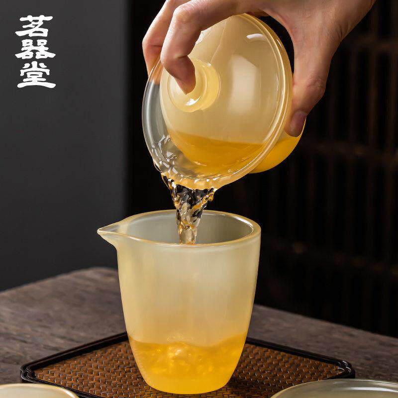 黄龙玉瓷盖碗冰种茶杯琉璃单个高档茶具功夫碗三才带盖子陶瓷
