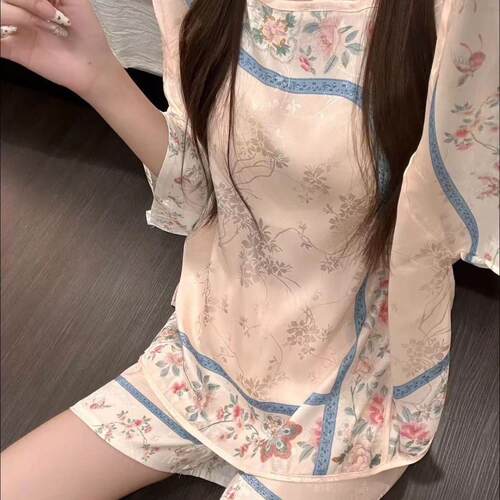 新中式睡衣女大尺码230斤春秋夏季薄款冰丝碎花新中式舒适家居服