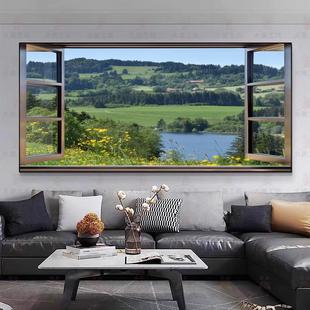 小黄花横板大幅花朵春暖花开假窗户风景壁画装饰画沙发风水挂画