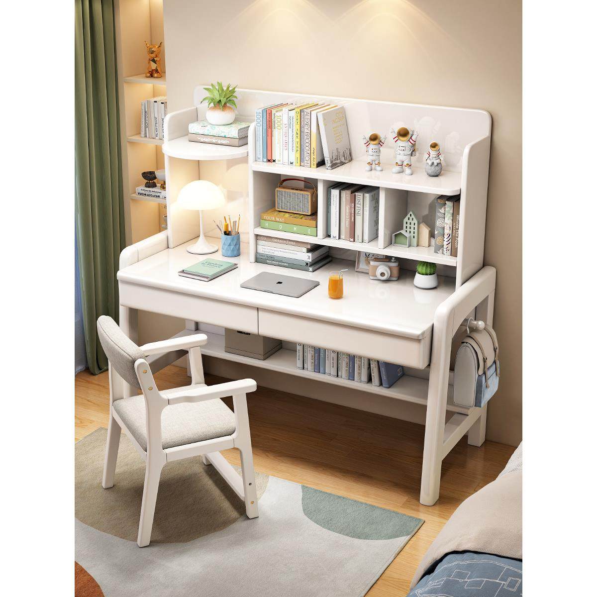 实木儿童学习桌子椅子套装家用初中小学生写字桌卧室书桌书架一体