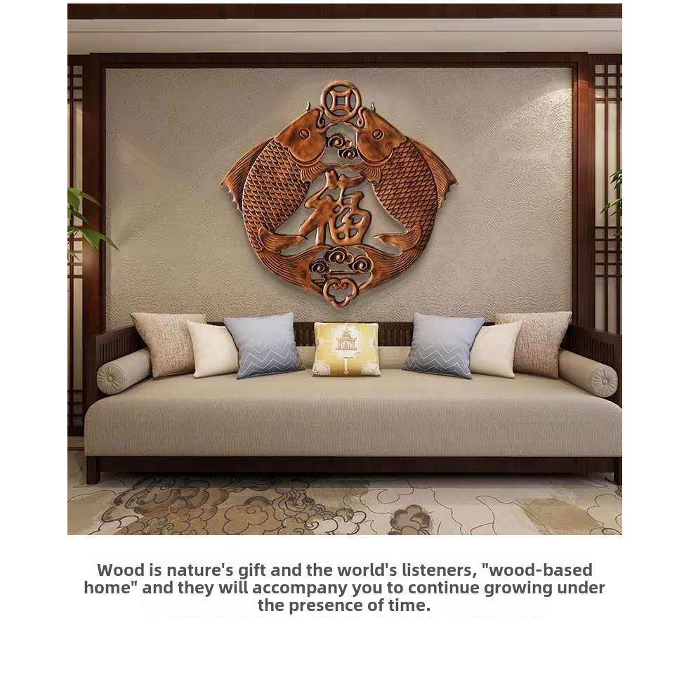 东阳木雕挂件樟木实木雕刻双鱼祝福中国风入口客厅背景墙挂画装饰