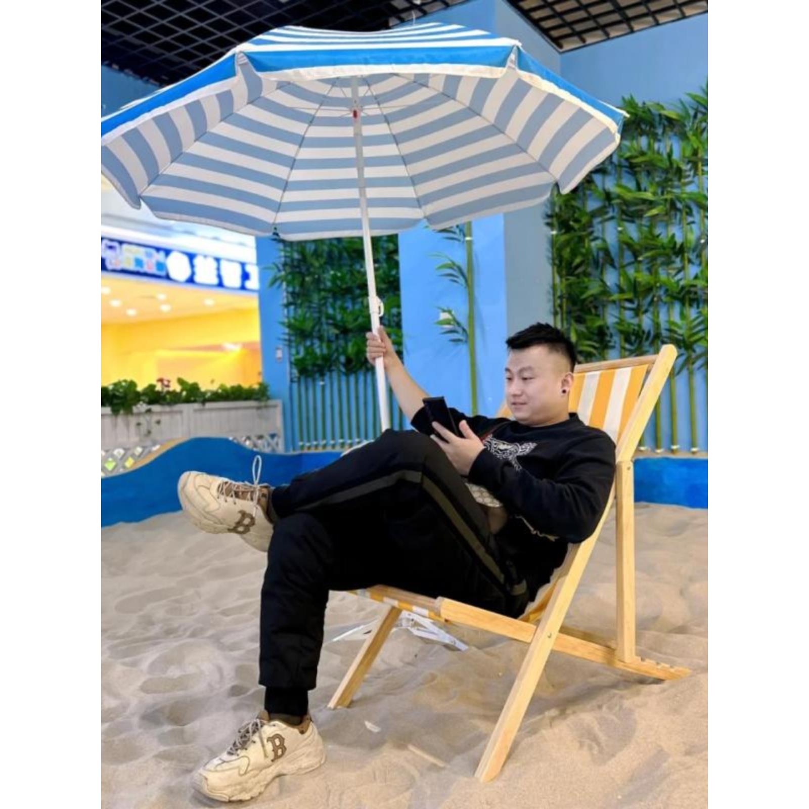 户外露营遮阳伞沙滩钓鱼伞花园庭院蓝白条流苏伞摆摊加厚大帐篷伞