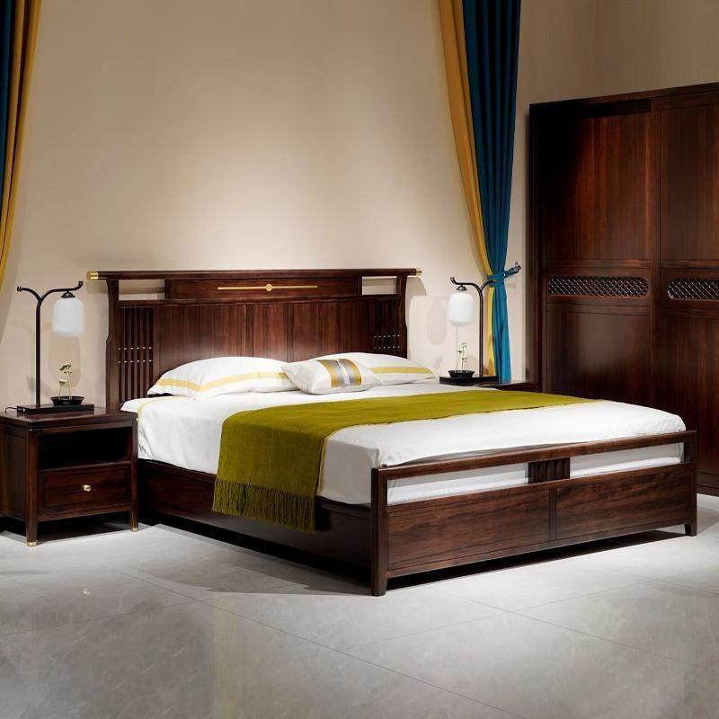 新中国风实木床双人2米大床黑檀木家庭卧室婚礼床官方帽床家具定