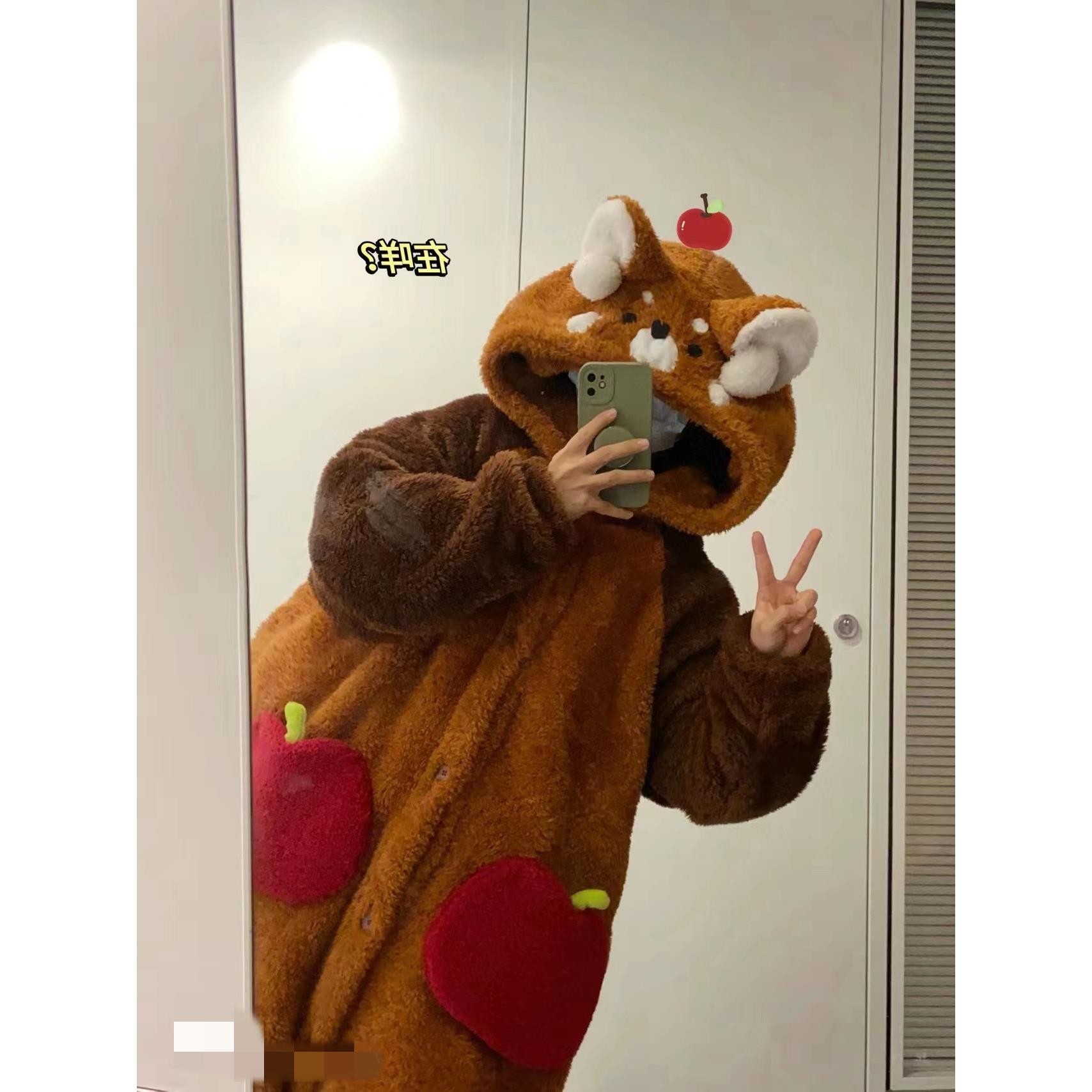 可爱小浣熊猫闺蜜加厚睡袍女冬季珊瑚绒睡衣连体衣大码家居服套装