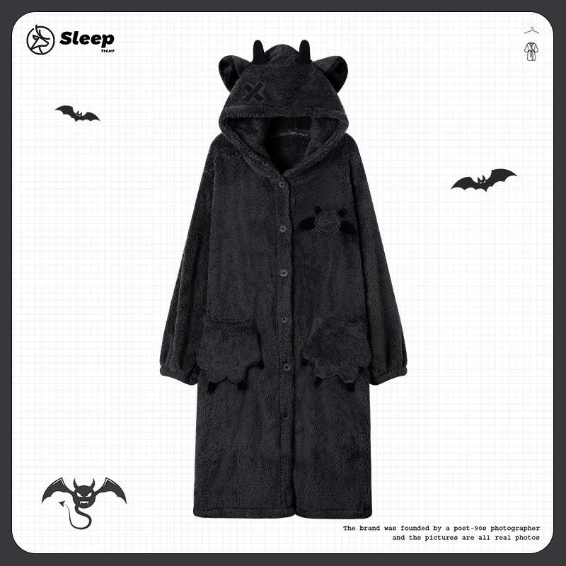 珊瑚绒情侣黑色小恶魔睡袍女冬季加绒加厚男士睡衣长款家居服套装