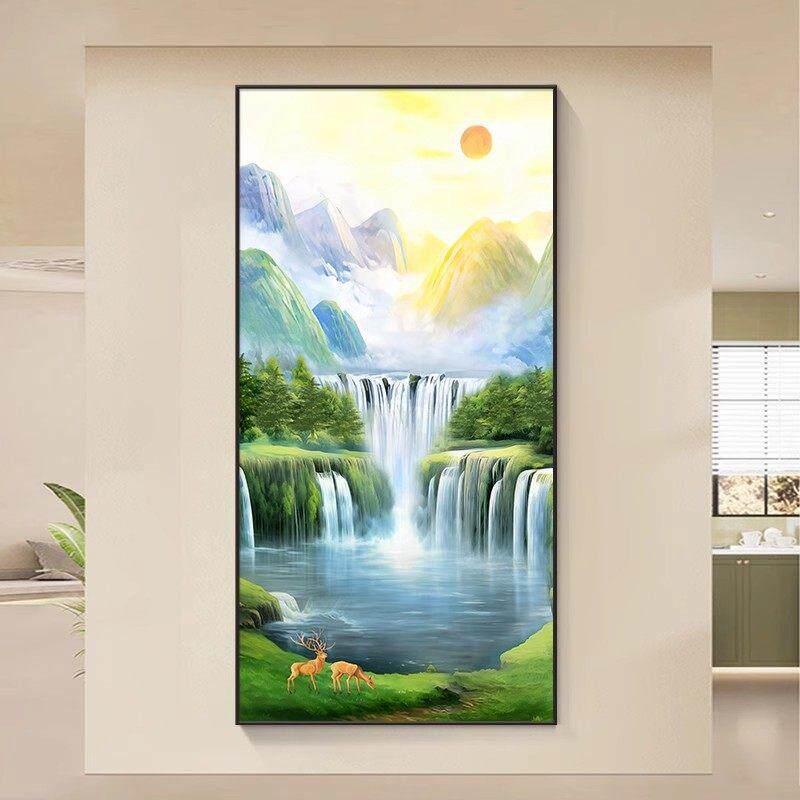 流水生财玄关装饰画 画旭日东升入户正对门挂画 画山水风景走廊过