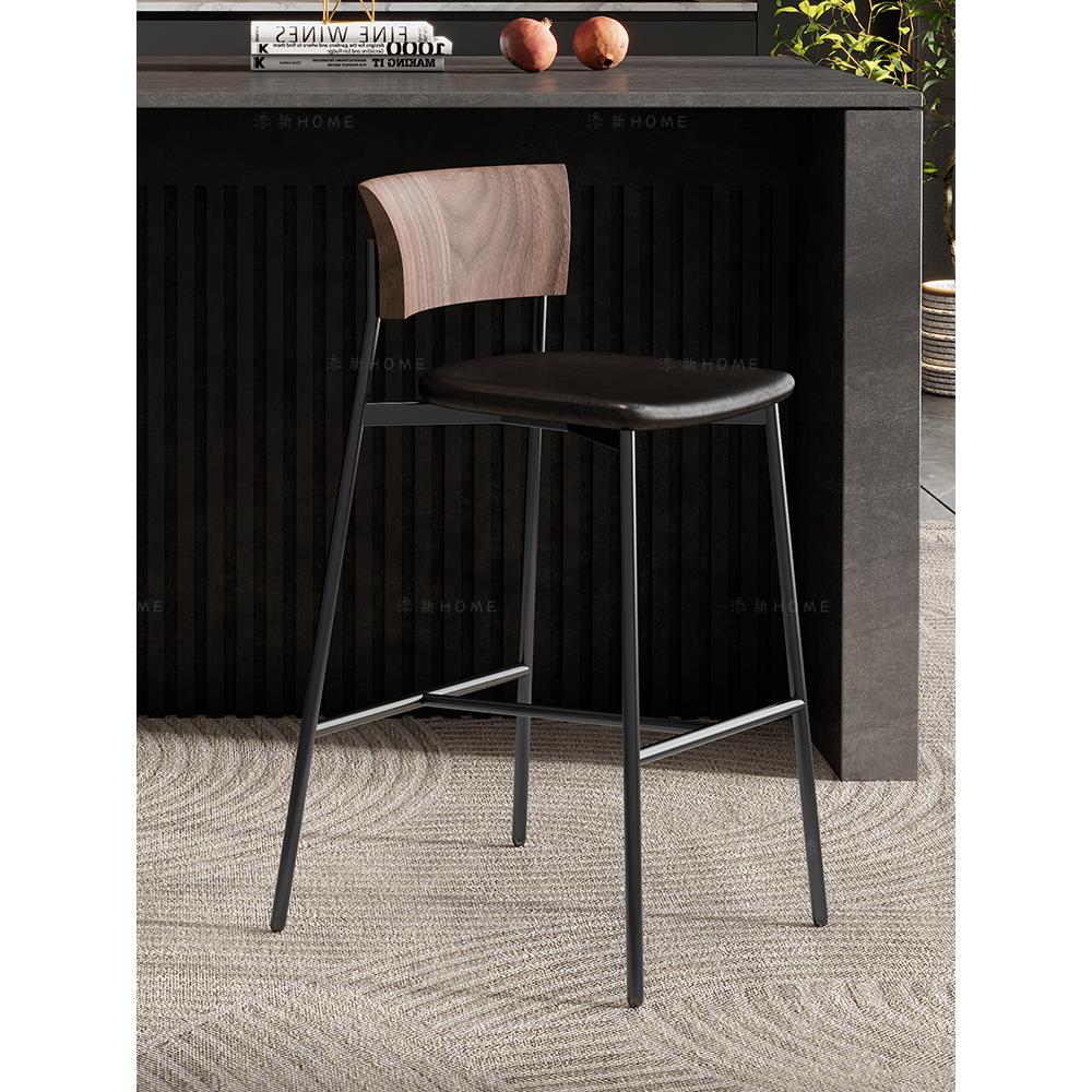 北欧意式覆古吧台椅实木中古风高脚吧台椅极简家用咖啡厅铁艺吧椅
