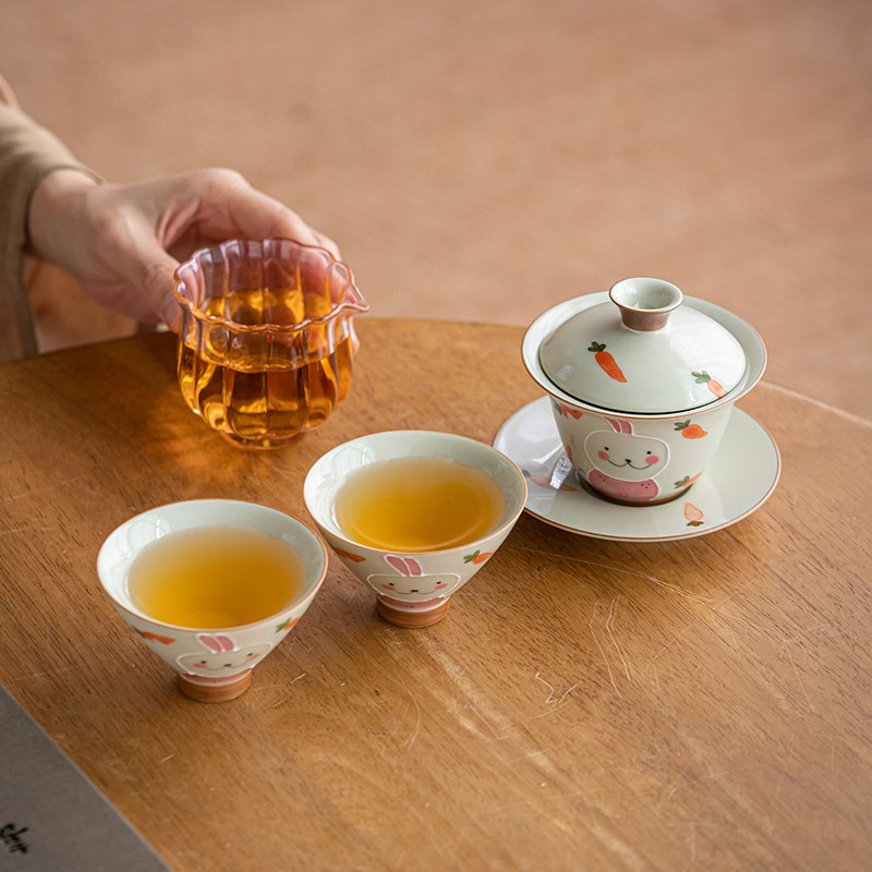 画续草木灰手绘兔子泡茶壶一壶二杯功夫旅行茶具套装便携式收纳包