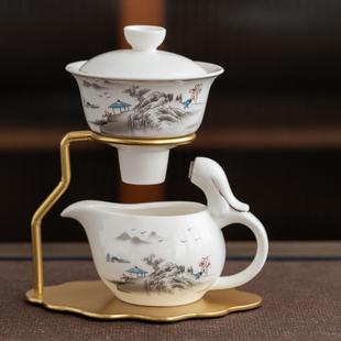 家用防烫 陶瓷全自动懒人茶具磁吸出水羊脂玉功夫茶具盖碗茶杯套装