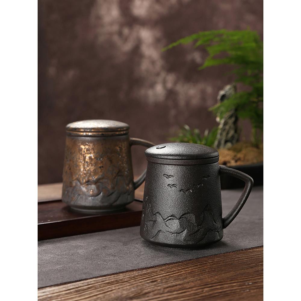 茶水分离粗陶茶杯个人专用喝水泡茶陶瓷杯子大办公杯过滤茶具家用