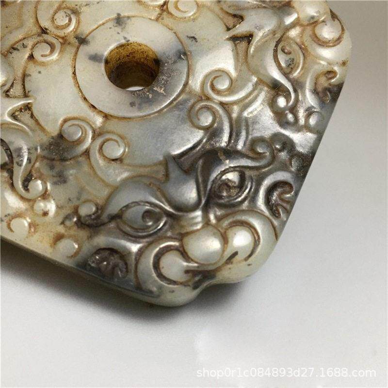 古玩老玉器仿古四方守护玉佩古玉仿古岫玉兽面纹玉璧把玩挂件坠子