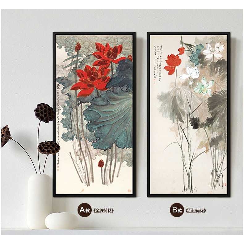圣仕 新中式玄关装饰画现代书房客厅餐厅走廊荷花挂有框画张大千图片