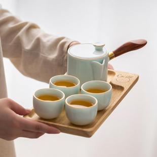 轻奢现代侧把一壶四杯便携随身干泡盘户外泡茶 羊脂玉旅行茶具日式