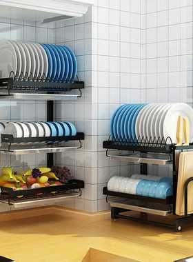 厨房台面黑色碗架沥水架挂墙免打孔家用不锈钢双层碗碟架子置物架