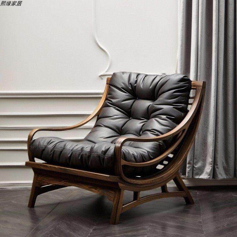 客厅单人沙发椅轻奢高级感北美黑胡桃木真皮实木沙发椅躺椅靠背椅