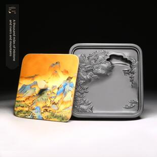 新品千里江山黄铜带盖歙砚天然原石方形山水砚台收藏送礼精品砚石