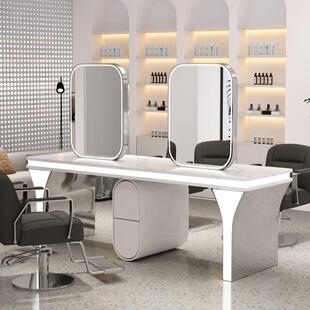 新款理发店镜子发廊专用烫染镜台美发店剪发六人镜柜一体双面镜