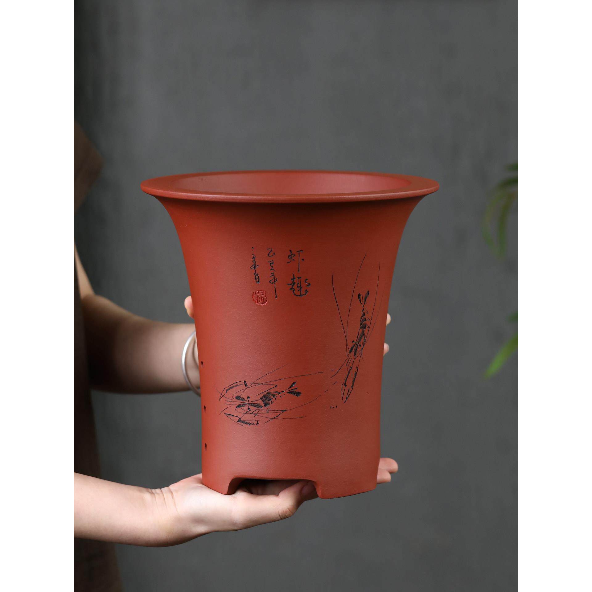 清香阁紫砂花盆手工雕刻虾趣春兰建兰莲花花瓣冷兰专用透气兰花花