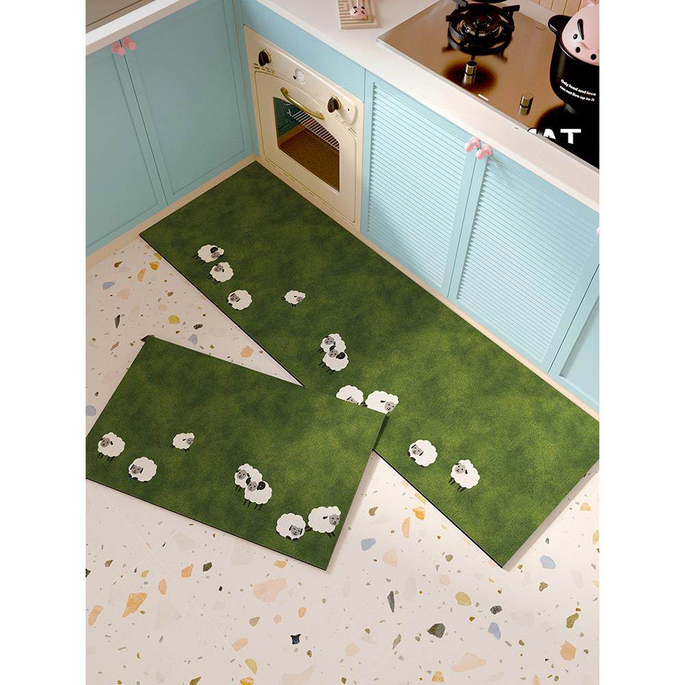 厨房专用地垫绿色防滑防油可擦免洗地毯转角整铺脚垫硅藻泥吸水垫