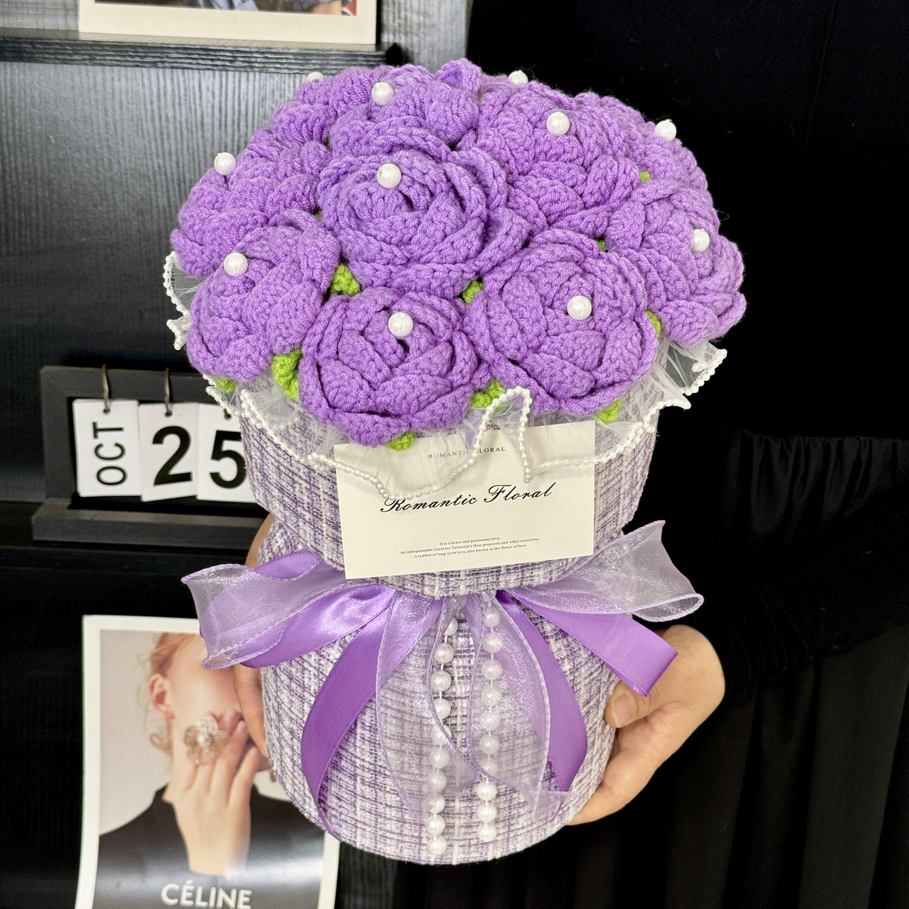 手工编织DIY毛线玫瑰花束520礼物生日女友闺蜜紫色针织花礼母亲节