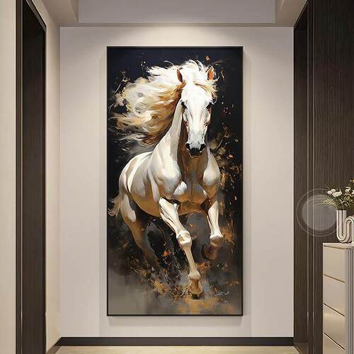 马到成功入户玄关装饰画骏马图客厅壁画现代轻奢走廊过道尽头挂画